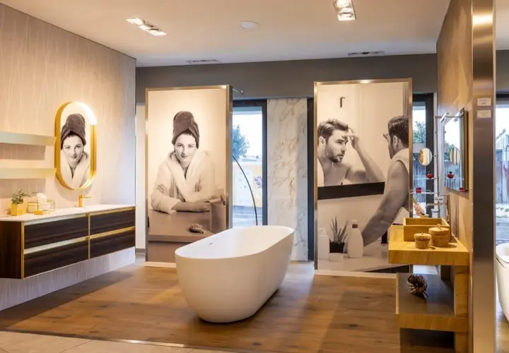 Bagno moderno con vasca freestanding, arredi eleganti e stampe artistiche. Ottime idee rivestimento bagno per un look sofisticato.