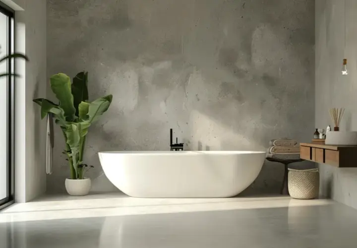 Bagno moderno con vasca freestanding, lavabo in pietra e pareti in resina e piastrelle effetto cemento. Pianta verde e luce naturale.
