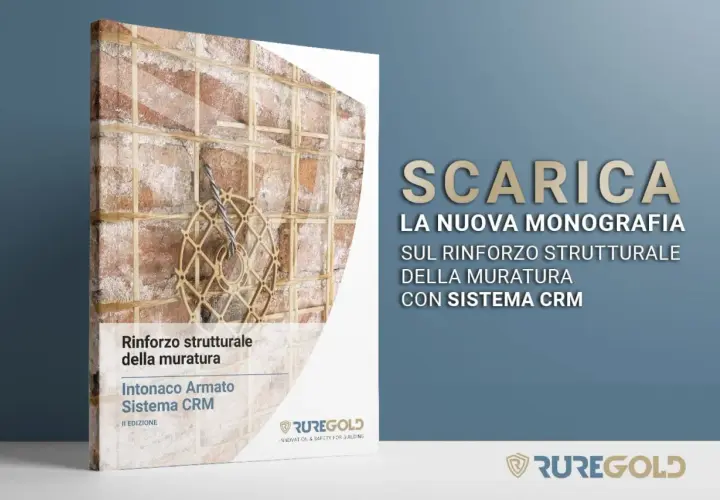 Copertina monografia "Intonaco Armato Sistema CRM" con dettaglio di muratura rinforzata. Scarica la nuova guida sul rinforzo strutturale.