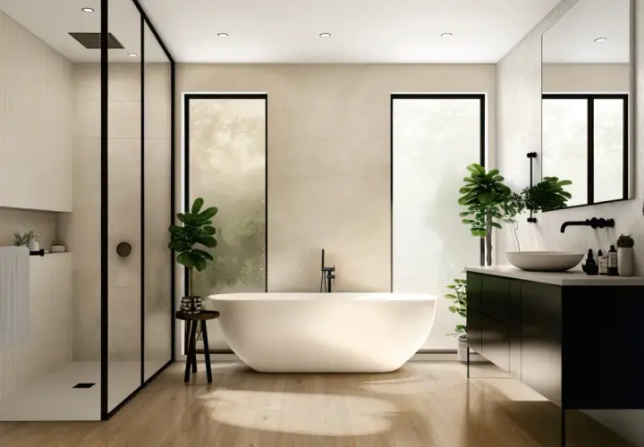 Bagno moderno con vasca freestanding e doccia a filo pavimento. Le pareti presentano diverse texture di piastrelle, offrendo molte idee piastrelle doccia.