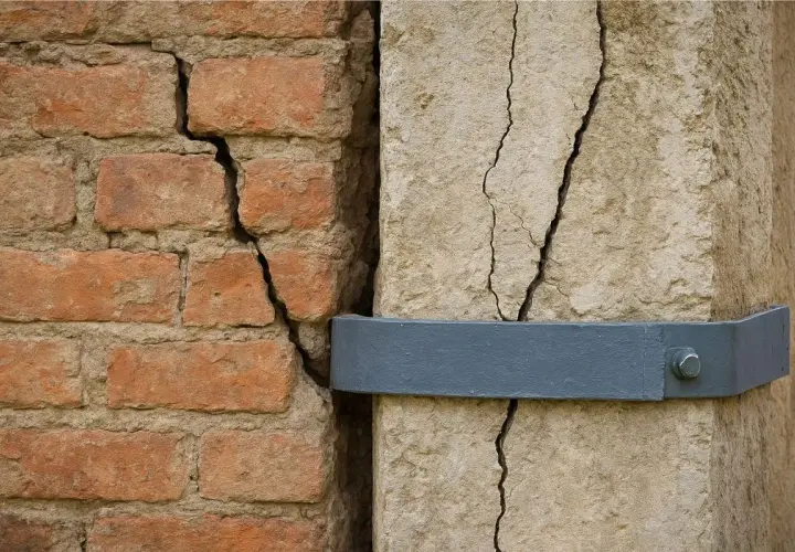 Dettaglio di muratura in mattoni e pietra con profonde crepe, evidenziando la necessità di consolidamento strutturale murature. Una fascia metallica tenta di tenere unite le parti.