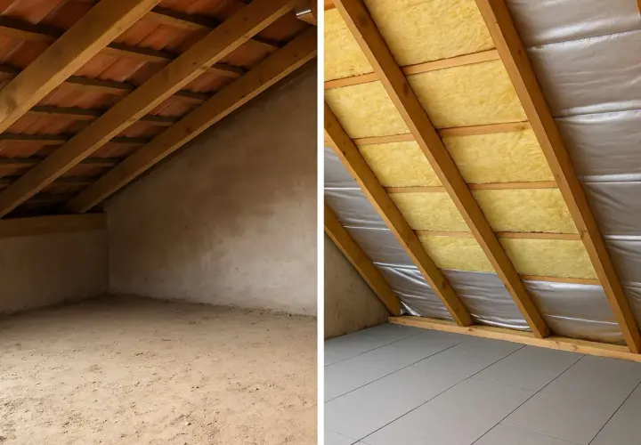 Prima e dopo: un sottotetto grezzo trasformato con coibentazione tetto, isolante giallo e pannelli grigi sul pavimento.