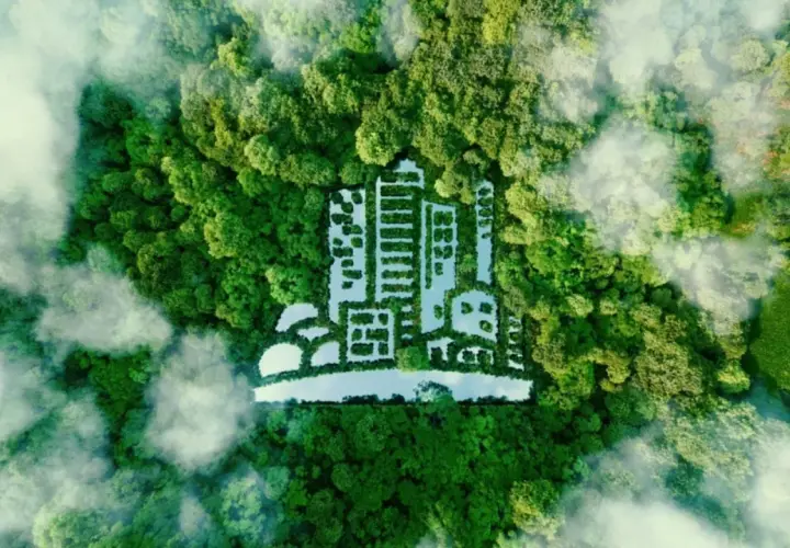 Un paesaggio verdeggiante con una città stilizzata formata da alberi e acqua, che simboleggia la riduzione dell'embodied carbon.