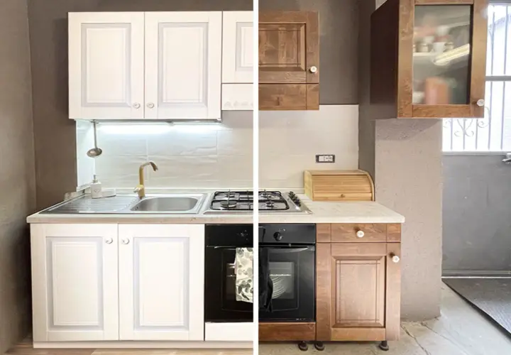 Prima e dopo: cucina con mobili bianchi e poi con mobili in legno scuro. Un progetto per verniciare cucina.