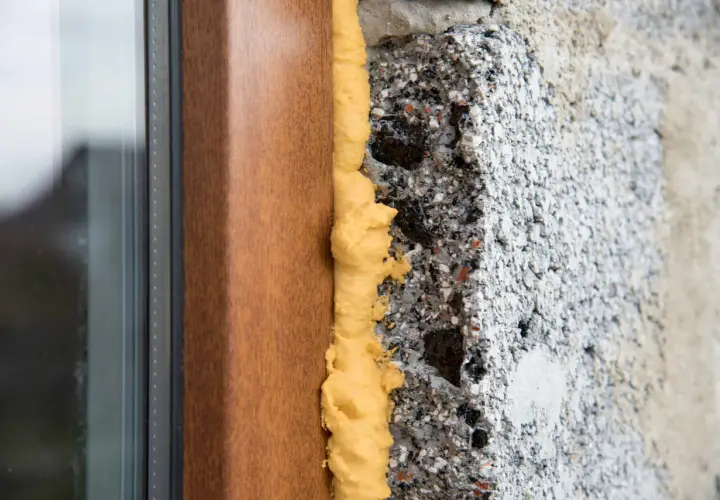 Schiume poliuretaniche espandenti sigillano il vano tra un telaio di finestra in legno e un muro grezzo, garantendo isolamento termico.