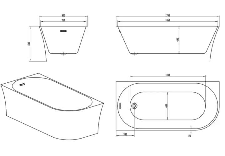 Disegni tecnici di una vasca da bagno con indicazioni sulle dimensioni: lunghezza 1700 mm, larghezza 800 mm, altezza 580 mm.