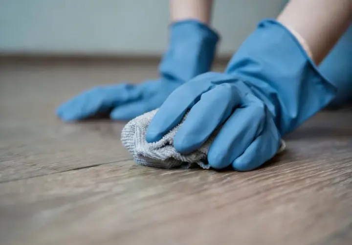 Mani con guanti blu puliscono un pavimento in legno con un panno, mostrando come togliere il miele dal pavimento.