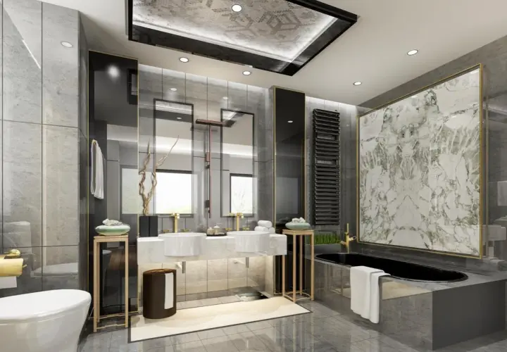 Bagno elegante e raffinato con vasca nera, doppio lavabo, specchi e finiture dorate.