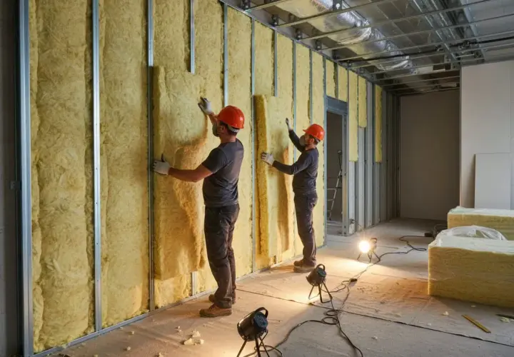 Operai installano isolamento in lana di roccia, respirando polvere. Lavorano su pareti metalliche in un cantiere.