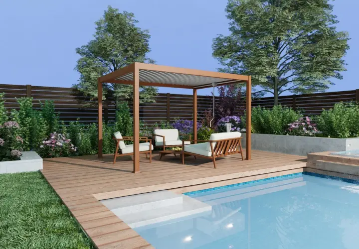 Un'elegante pergola fai da te con mobili da giardino, piscina e vegetazione lussureggiante.