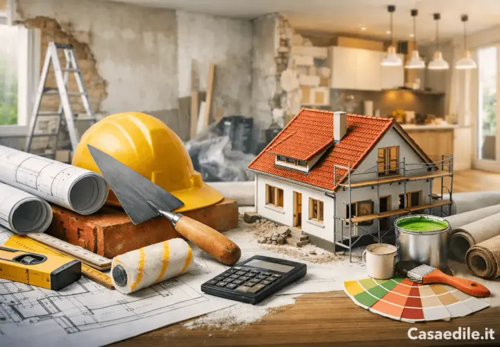Progetto casa: calcolo del tetto coibentato prezzo al mq. Strumenti da cantiere, modello di casa e campioni di colore.
