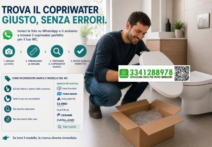 Uomo sorridente con copriwater in mano, pronto per trovare le giuste misure. Invia foto su WhatsApp per assistenza.