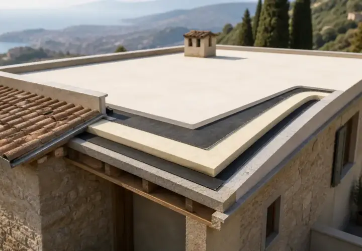 Strati di materiali isolanti per un tetto a falda piana, con vista panoramica su una costa.