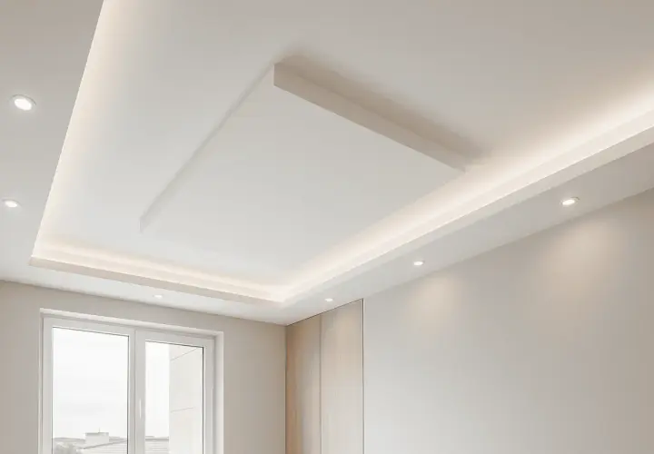Struttura cartongesso moderna con illuminazione integrata. Il telaio cartongesso crea un soffitto a più livelli, elegante e funzionale.