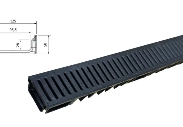 Griglie scolo acqua piovana con dimensioni indicate: larghezza 125mm, altezza 50mm, profondità canale 28mm.