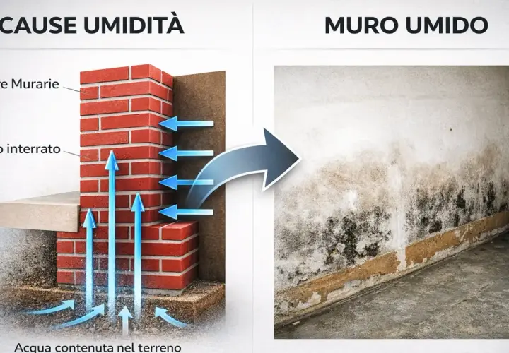 Illustrazione delle cause di umidità nei muri, con frecce che mostrano l'acqua dal terreno che risale. Utile per idee per coprire un muro interno rovinato.