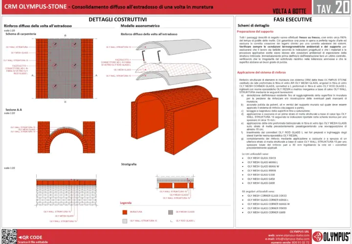 Dettagli costruttivi per intonaco armato CRM: schema, sezioni e stratigrafia di una volta a botte rinforzata con reti OLY MESH GLASS e connettori OLY ROD GLASS L.