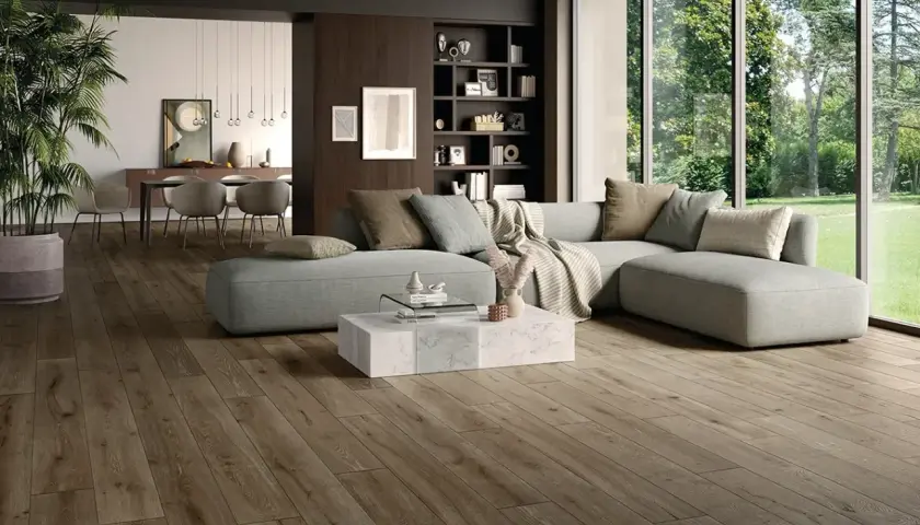 Soggiorno moderno con pavimento in gres porcellanato effetto legno. Abbinamenti eleganti con divano grigio e arredi minimalisti.