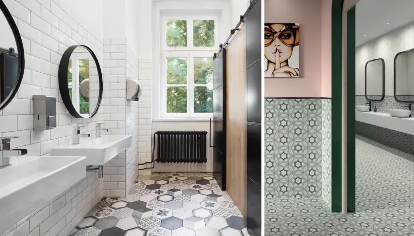 Bagni moderni con lavandini bianchi, specchi rotondi e pavimento con colorate piastrelle bagno geometriche e floreali.