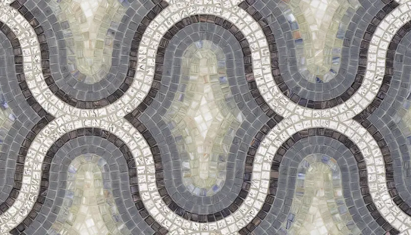 Onda fluida di mosaici Bisazza in grigio, bianco e nero, che crea un motivo geometrico elegante e moderno.