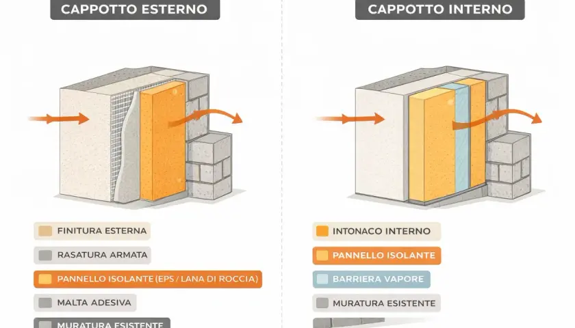 Confronto cappotto esterno e interno: schemi illustrativi per la certificazione cappotto termico, mostrando strati isolanti e muratura.