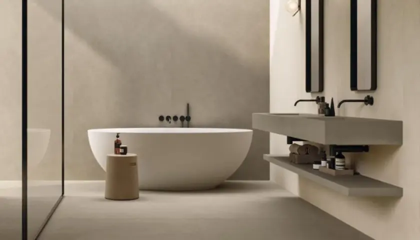 Bagno moderno con vasca freestanding, doccia a vista e doppio lavabo sospeso. La posa del rivestimento bagno crea un'atmosfera rilassante.