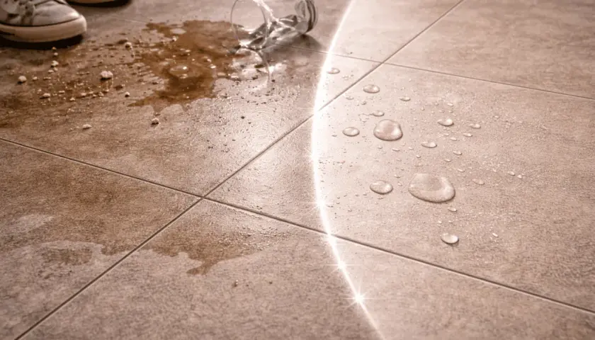 Un bicchiere rovesciato su piastrelle di gres porcellanato. L'acqua e i detriti sono ciò che rovina il gres porcellanato, ma la luce crea riflessi brillanti.