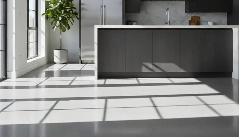 Luminoso soggiorno con pavimenti e rivestimenti in resina chiara, illuminato da un sole che crea ombre geometriche.