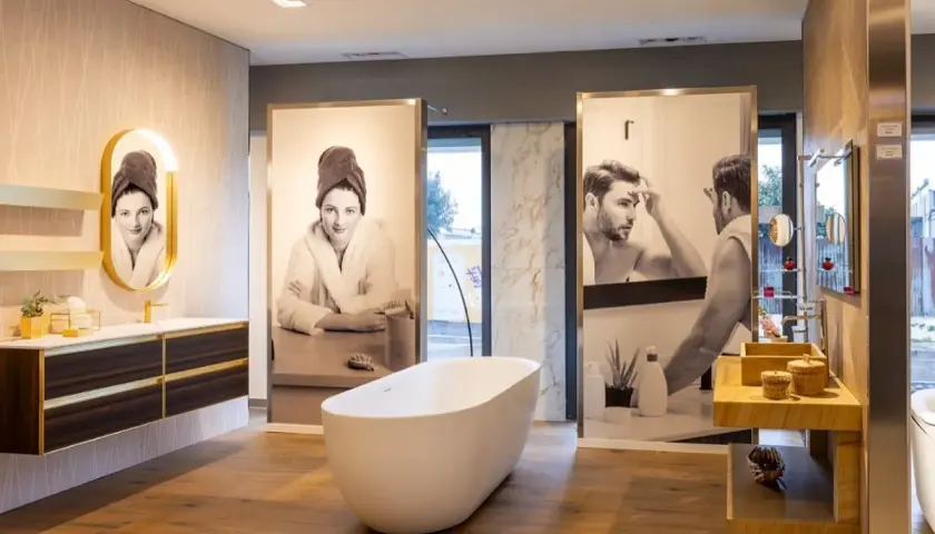 Bagno moderno con vasca freestanding, arredi eleganti e stampe artistiche. Ottime idee rivestimento bagno per un look sofisticato.