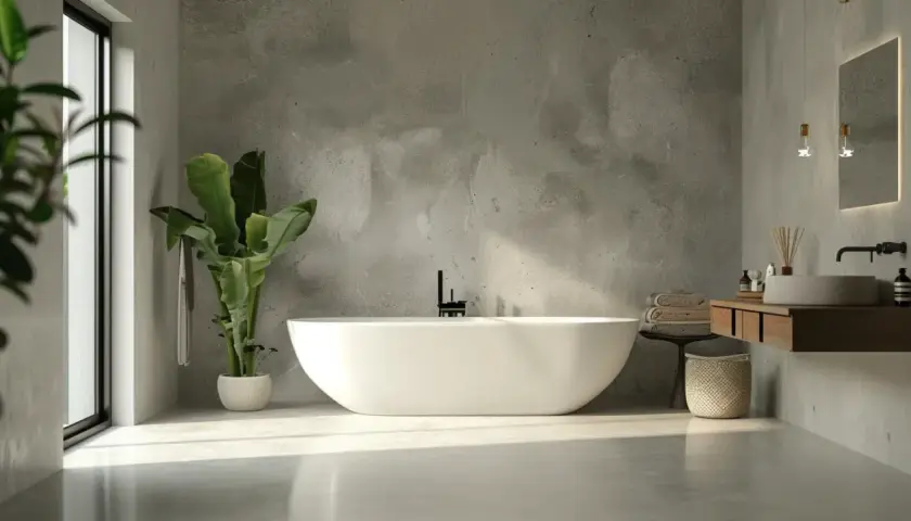 Bagno moderno con vasca freestanding, lavabo in pietra e pareti in resina e piastrelle effetto cemento. Pianta verde e luce naturale.