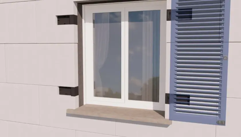 Fissaggi robusti per cappotto termico, ideali per carichi pesanti, ancorati a un muro esterno con finestra e persiana blu.