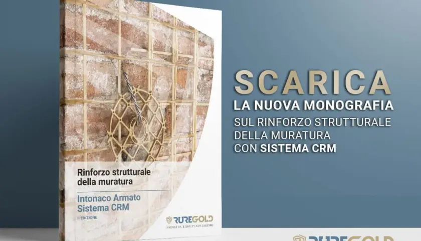 Copertina monografia "Intonaco Armato Sistema CRM" con dettaglio di muratura rinforzata. Scarica la nuova guida sul rinforzo strutturale.