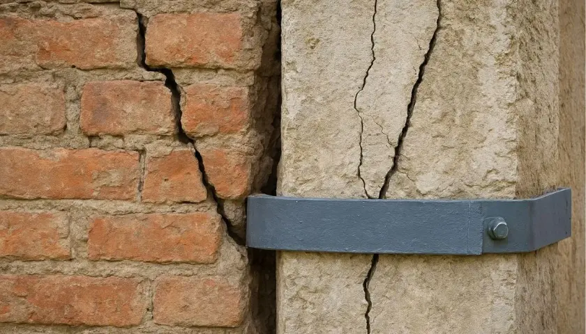 Dettaglio di muratura in mattoni e pietra con profonde crepe, evidenziando la necessità di consolidamento strutturale murature. Una fascia metallica tenta di tenere unite le parti.