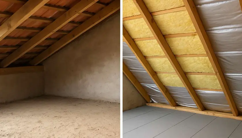 Prima e dopo: un sottotetto grezzo trasformato con coibentazione tetto, isolante giallo e pannelli grigi sul pavimento.