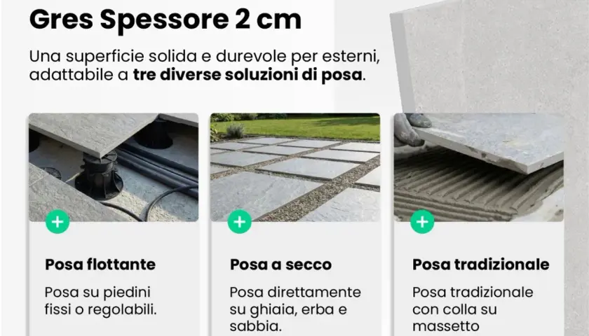 Lastre in gres 2 cm, simili a pietra di Vals, per esterni: posa flottante, a secco o tradizionale.