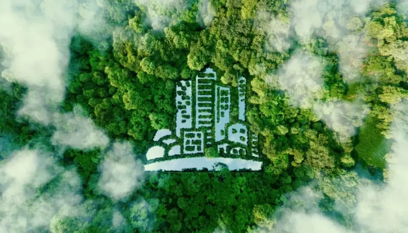 Un paesaggio verdeggiante con una città stilizzata formata da alberi e acqua, che simboleggia la riduzione dell'embodied carbon.