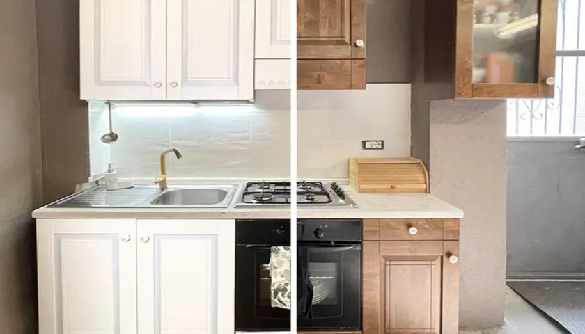 Prima e dopo: cucina con mobili bianchi e poi con mobili in legno scuro. Un progetto per verniciare cucina.