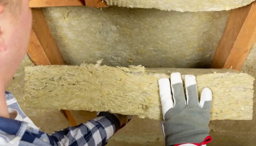 Operaio con guanti installa pannelli di lana di roccia isolante tra le travi di legno di un sottotetto.