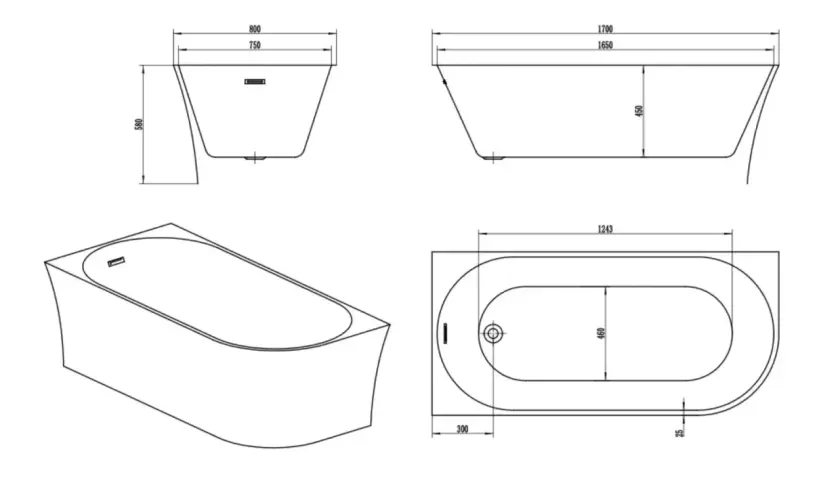 Disegni tecnici di una vasca da bagno con indicazioni sulle dimensioni: lunghezza 1700 mm, larghezza 800 mm, altezza 580 mm.