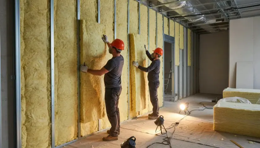 Operai installano isolamento in lana di roccia, respirando polvere. Lavorano su pareti metalliche in un cantiere.