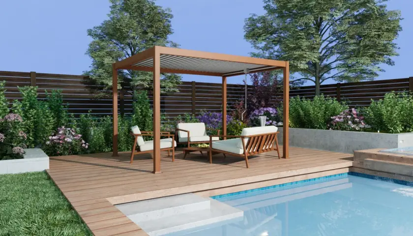 Un'elegante pergola fai da te con mobili da giardino, piscina e vegetazione lussureggiante.