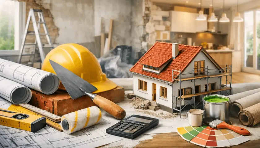 Progetto casa: calcolo del tetto coibentato prezzo al mq. Strumenti da cantiere, modello di casa e campioni di colore.