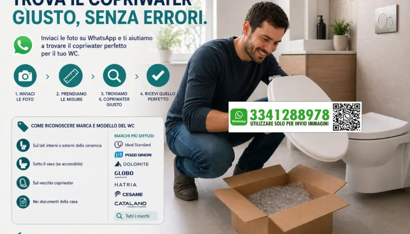 Uomo sorridente con copriwater in mano, pronto per trovare le giuste misure. Invia foto su WhatsApp per assistenza.