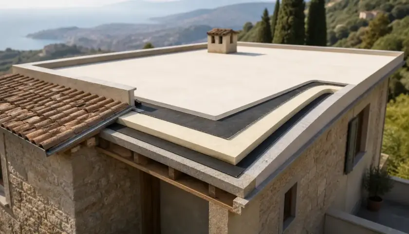 Strati di materiali isolanti per un tetto a falda piana, con vista panoramica su una costa.