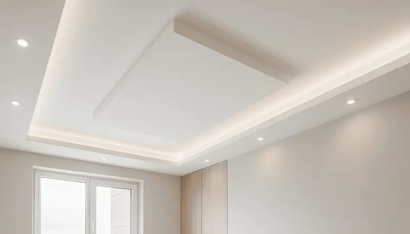Struttura cartongesso moderna con illuminazione integrata. Il telaio cartongesso crea un soffitto a più livelli, elegante e funzionale.