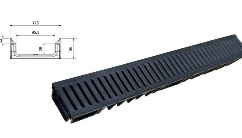 Griglie scolo acqua piovana con dimensioni indicate: larghezza 125mm, altezza 50mm, profondità canale 28mm.
