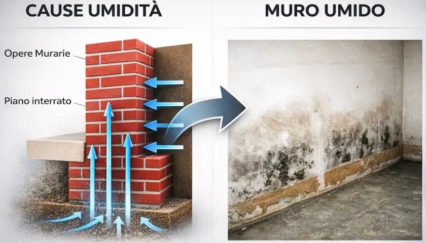 Illustrazione delle cause di umidità nei muri, con frecce che mostrano l'acqua dal terreno che risale. Utile per idee per coprire un muro interno rovinato.