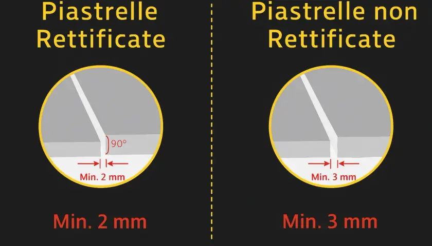 Confronto tra piastrelle rettificate (giunto minimo 2 mm) e non rettificate (giunto minimo 3 mm), evidenziando i problemi di fuga più ampie per le seconde.