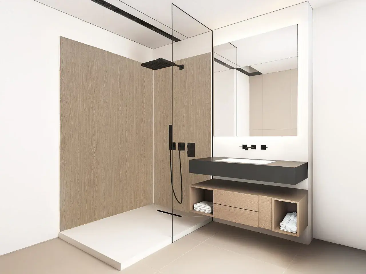 Bagno moderno con doccia a filo pavimento e pannello effetto **colla legno muro**. Lavabo sospeso e mobile contenitore in legno.