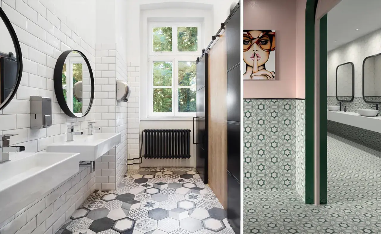 Bagni moderni con lavandini bianchi, specchi rotondi e pavimento con colorate piastrelle bagno geometriche e floreali.